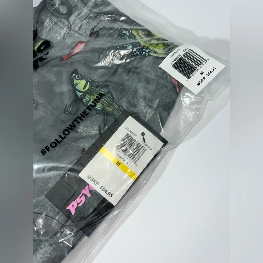 NWT Psycho Tuna Medium Reel Em In Fish Charcoal Print Board Shorts Swim Trunks‎